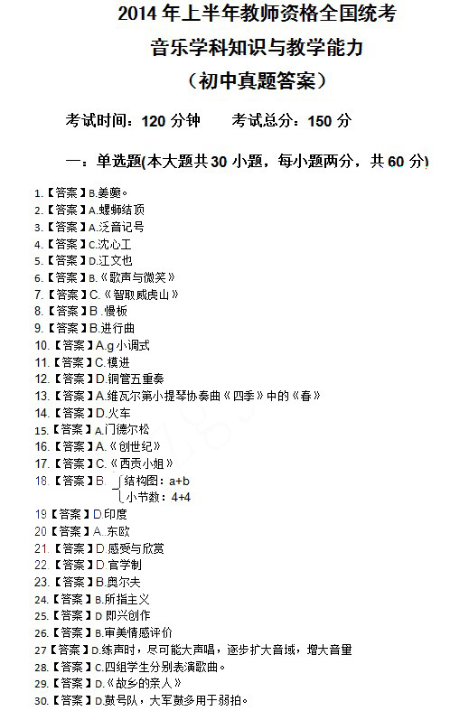 2014上半年教師資格統考初中音樂真題答案1
